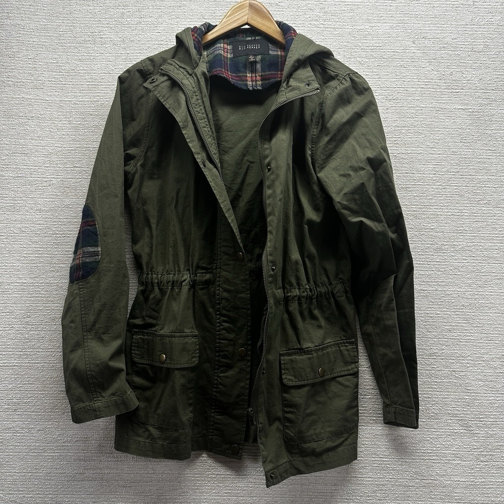 Women's‎ Hooded Utility Parka Jacket Sz Med Green Plaid Elbow Patches Gorpcore